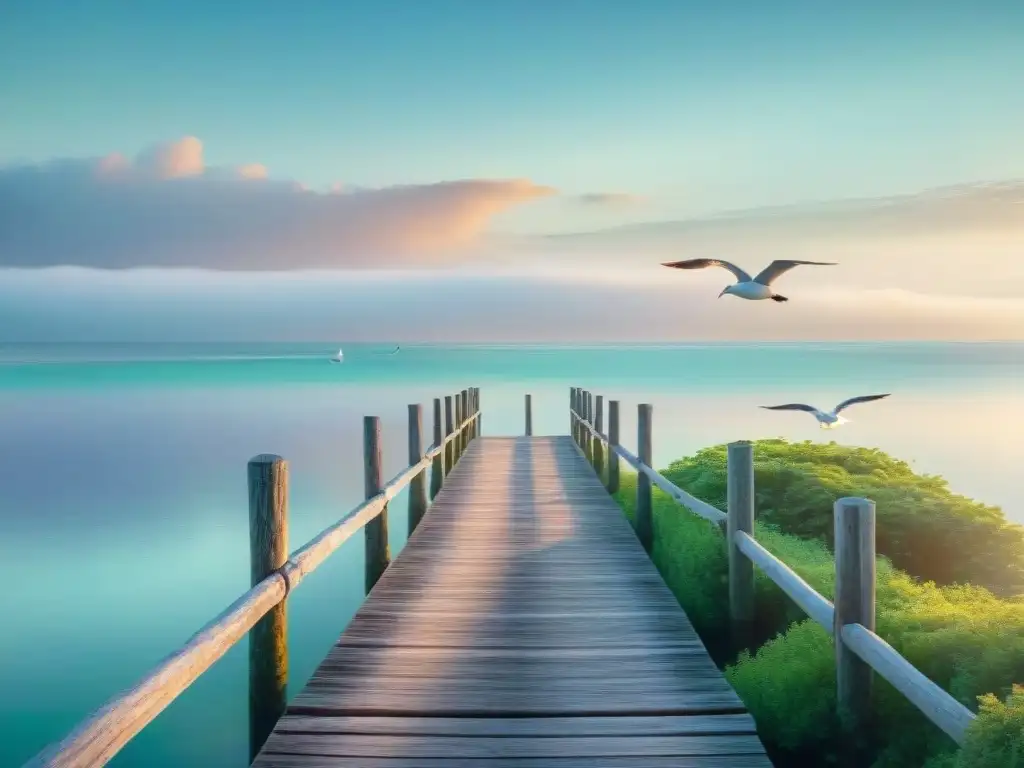 Amanecer costero sereno: renovando una propiedad junto al mar Amanecer sereno en la costa: agua calma refleja tonos pastel, gaviotas vuelan, muelle de madera y vegetación