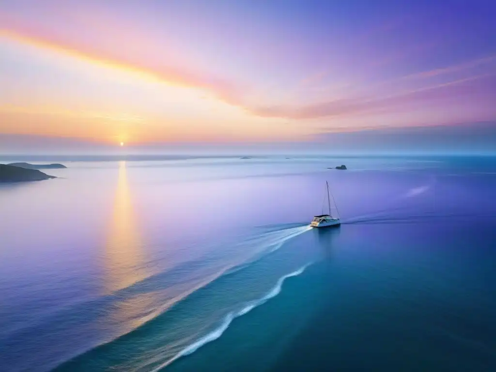 Esplendor costero: amanecer sereno y dorado Amanecer sereno en la costa con barco a lo lejos, transmitiendo los beneficios de vivir en la costa