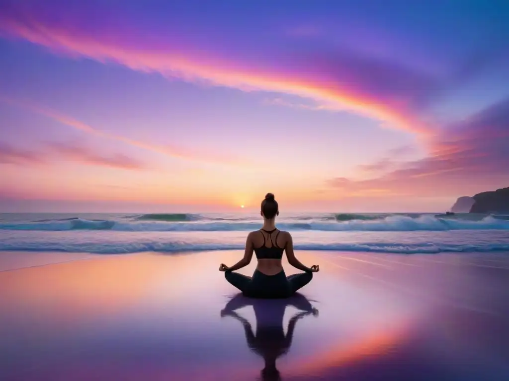 Amanecer sereno: yoga en la playa al amanecer Amanecer sereno sobre el océano, colores pastel en el cielo reflejados en el agua tranquila, figura practicando yoga en la playa