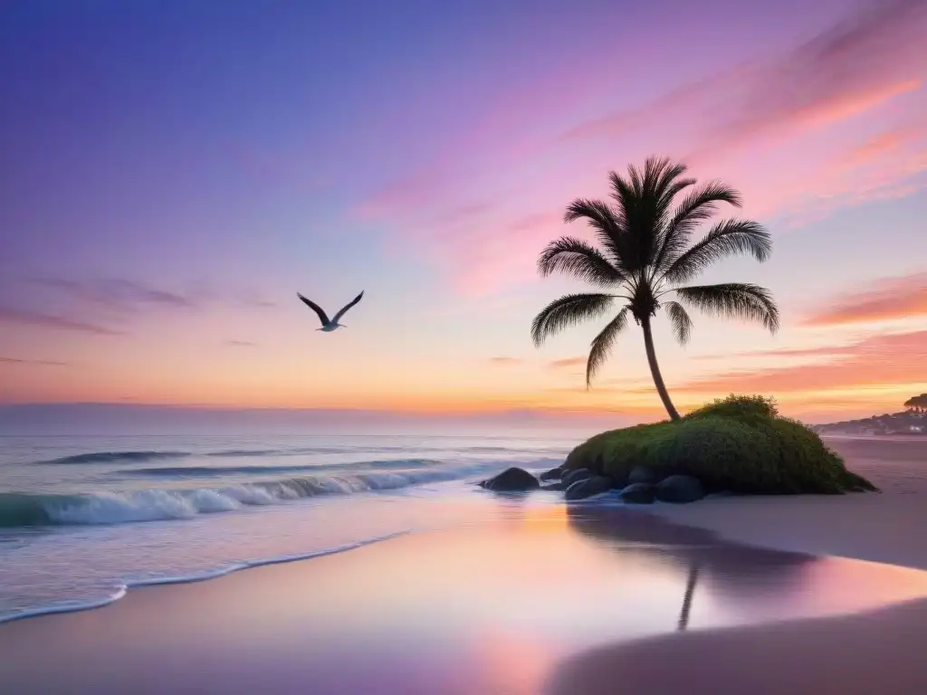 Espectacular amanecer en playa serena: colores suaves y serenidad costera Amanecer sereno en playa costera, con palmera solitaria y gaviotas