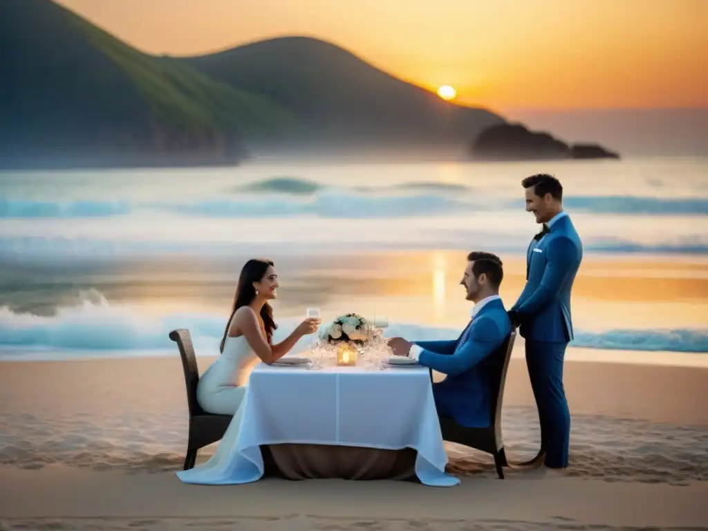 Cena romántica de lujo en la playa al atardecer Servicio concierge de lujo: Una cena romántica al atardecer en la playa, con elegante montaje de mesa y vista al mar