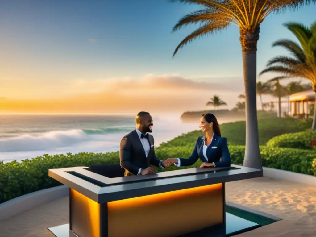 Entrega de llaves en propiedad de lujo frente al mar al atardecer Un servicio concierge de lujo en una propiedad frente al mar al atardecer, con un conserje profesional entregando llaves a un propietario feliz