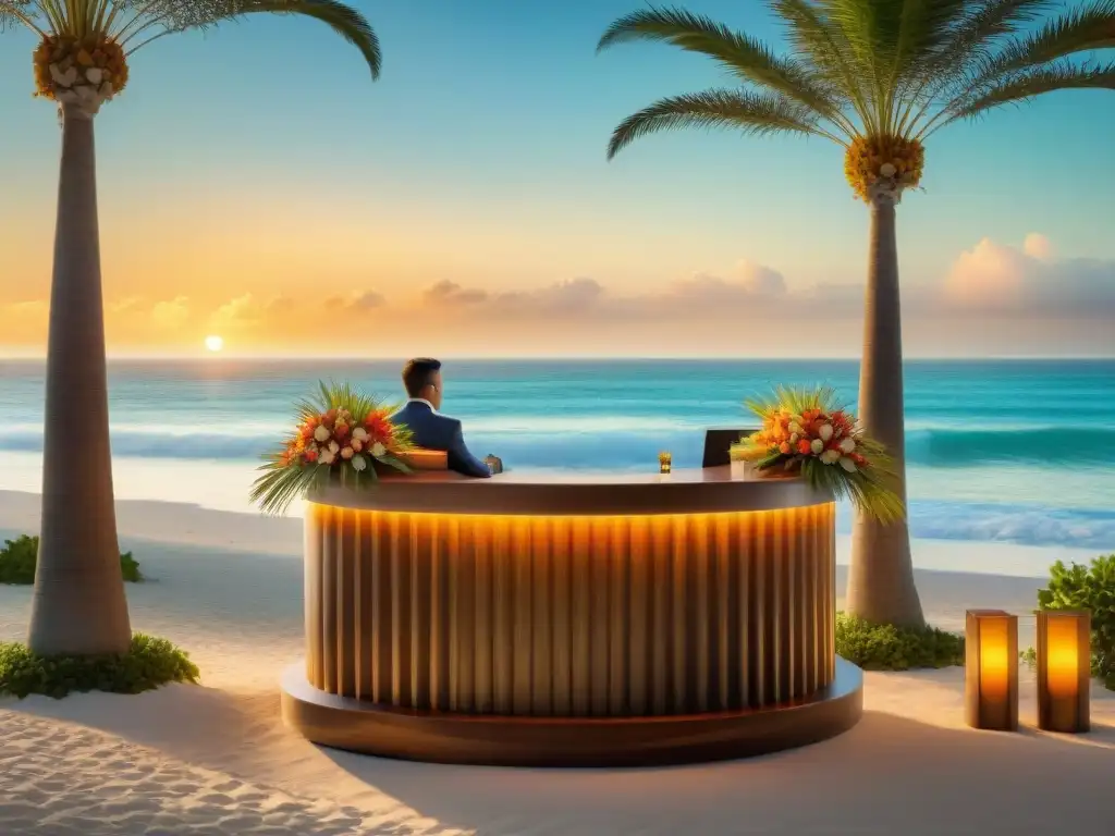 Concierge de lujo en playa exclusiva Un servicio de concierge costero exclusivo, con atención profesional y cálida en un elegante escritorio frente al mar
