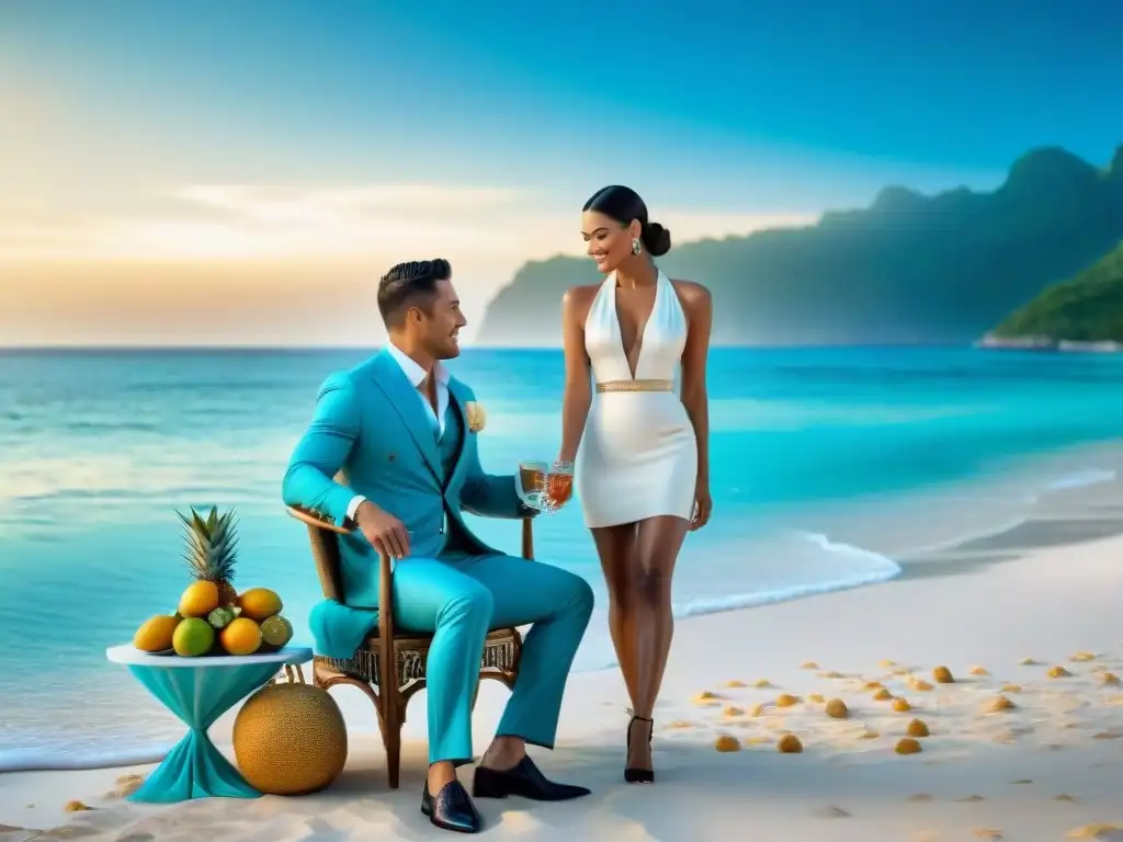 Servicio de lujo en la playa: concierge asiste a pareja en setup elegante Un servicio de concierge costero exclusivo: un conserje uniformado asistiendo a una elegante pareja en la playa, con lujosos muebles y champán