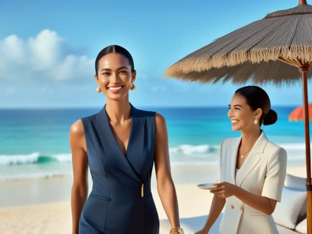 Servicio de Conserjería de Lujo en la Playa Un servicio exclusivo de concierge costero atiende a elegantes huéspedes en una lujosa propiedad frente a la playa