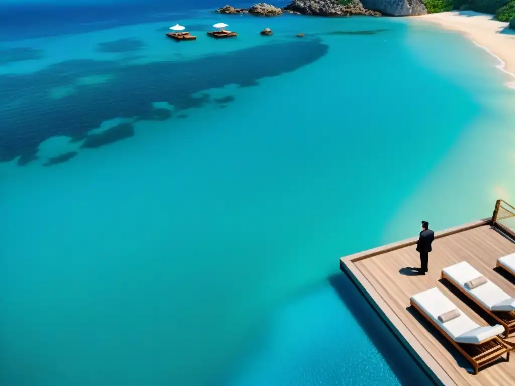 Exclusivo resort de lujo: concierge sirviendo champagne en la piscina 'Servicios de concierge para propiedades costeras: Exclusivo resort frente al mar con atención personalizada en la piscina infinita