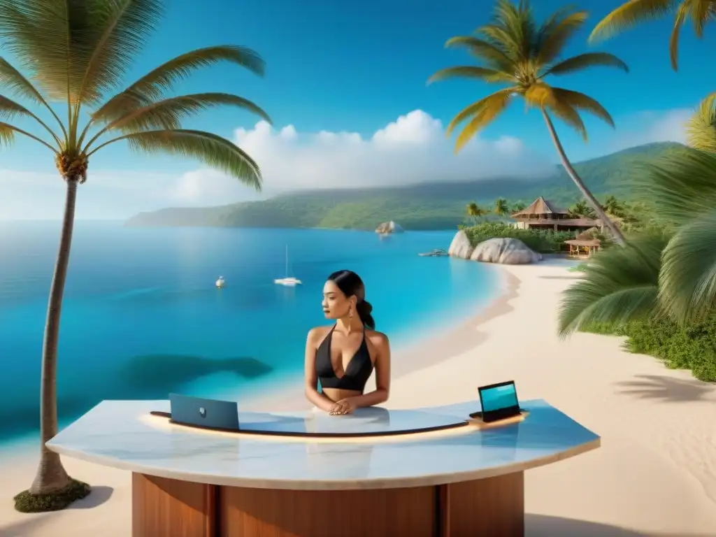 Servicios de concierge para propiedades costeras: Imagen lujosa de un mostrador de concierge en una playa paradisíaca con palmeras y cielo azul