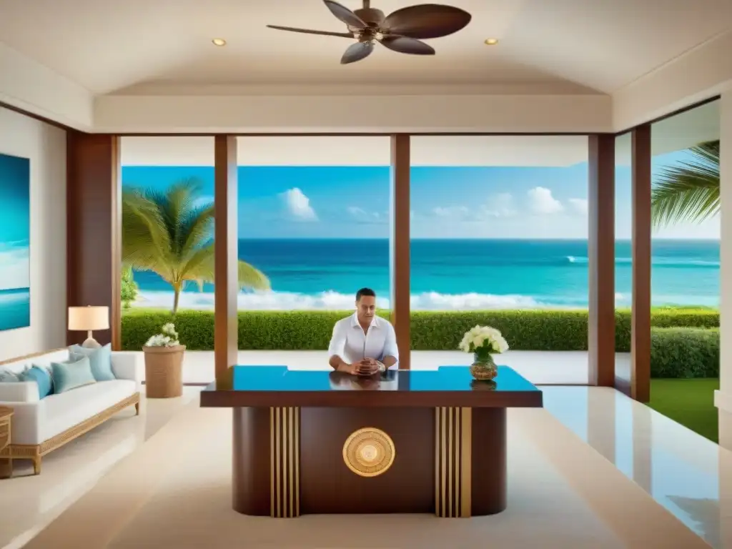 Concierge de lujo en propiedad playera exclusiva Servicios exclusivos de concierge costero en una propiedad frente a la playa con decoración elegante y palmeras exuberantes