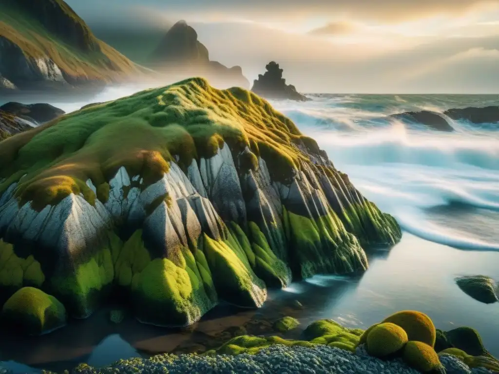 Costa salvaje: roca cubierta de percebes bajo cielo dramático Interpretando los signos de la naturaleza en la costa: rocas cubiertas de percebes con olas rompiendo al fondo bajo un cielo dramático