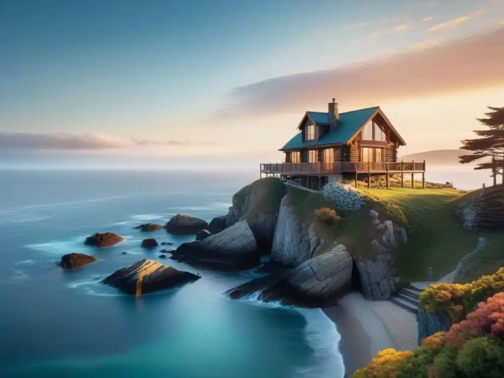 Cabaña en acantilado al amanecer: refugio de paz junto al mar Silueta de cabaña acogedora en acantilado costero, frente al mar al amanecer