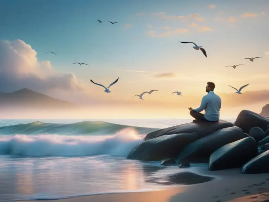 Meditación al amanecer: conexión con el mar y la paz interior Silueta meditando al amanecer en la costa, con olas suaves y gaviotas en el cielo