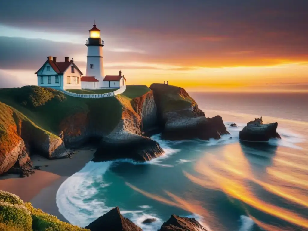 Atardecer en el Faro: Belleza y Resiliencia en la Costa Silueta de faro costero histórico ante vibrante atardecer, reflejos cálidos en el mar