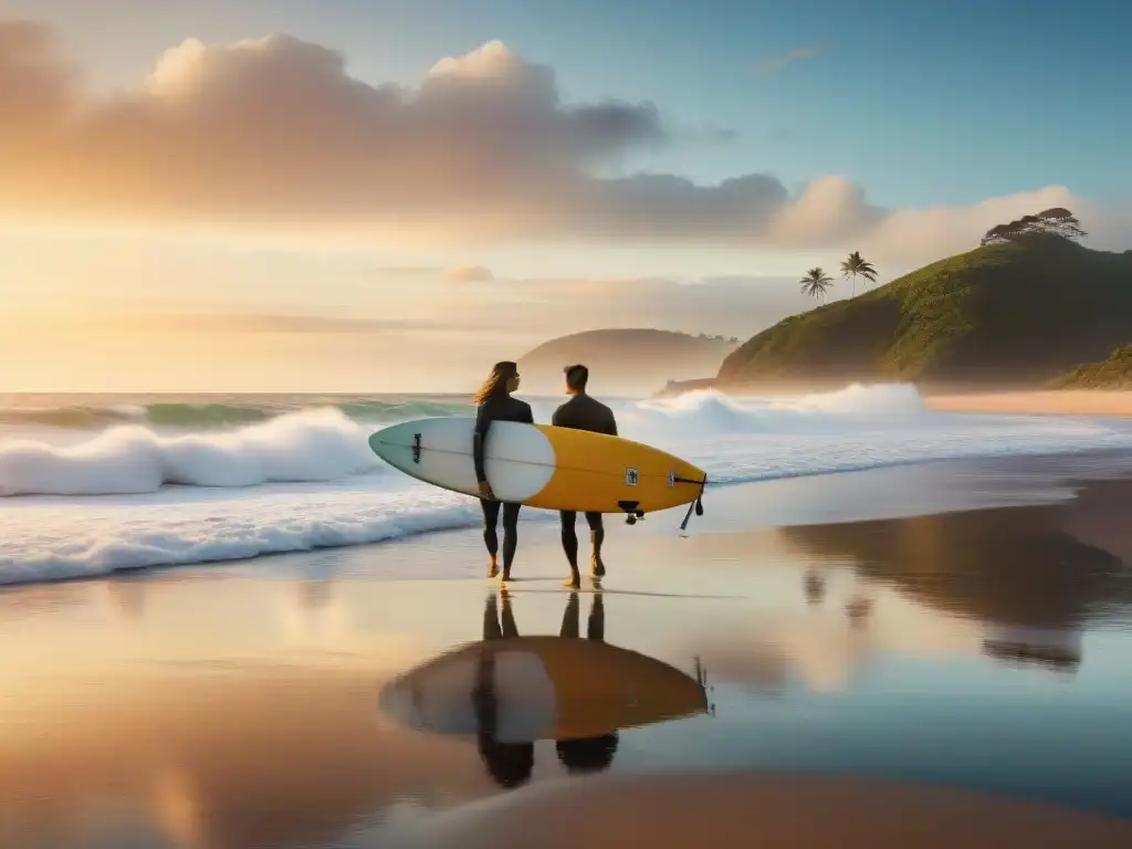 Amanecer en la playa: pasión y determinación Silueta de pareja con surfboards en playa al amanecer, reflejando pasión y determinación