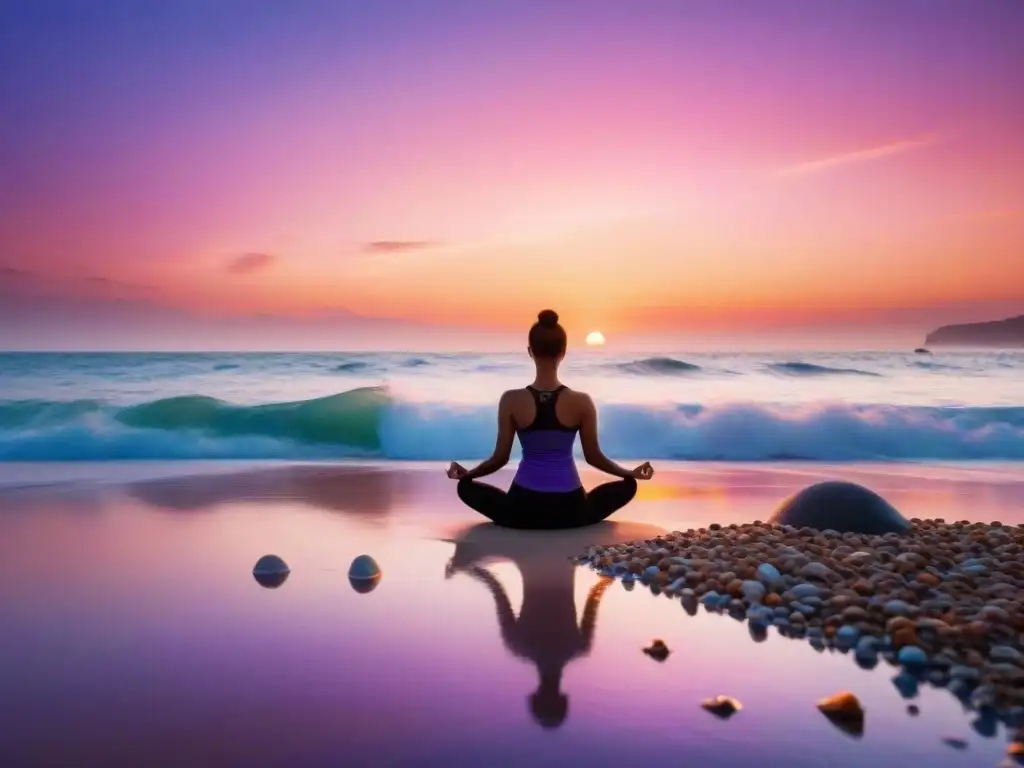 Sereno amanecer: yoga en la playa al amanecer Silueta de persona practicando yoga al amanecer en la playa, rodeada de conchas marinas
