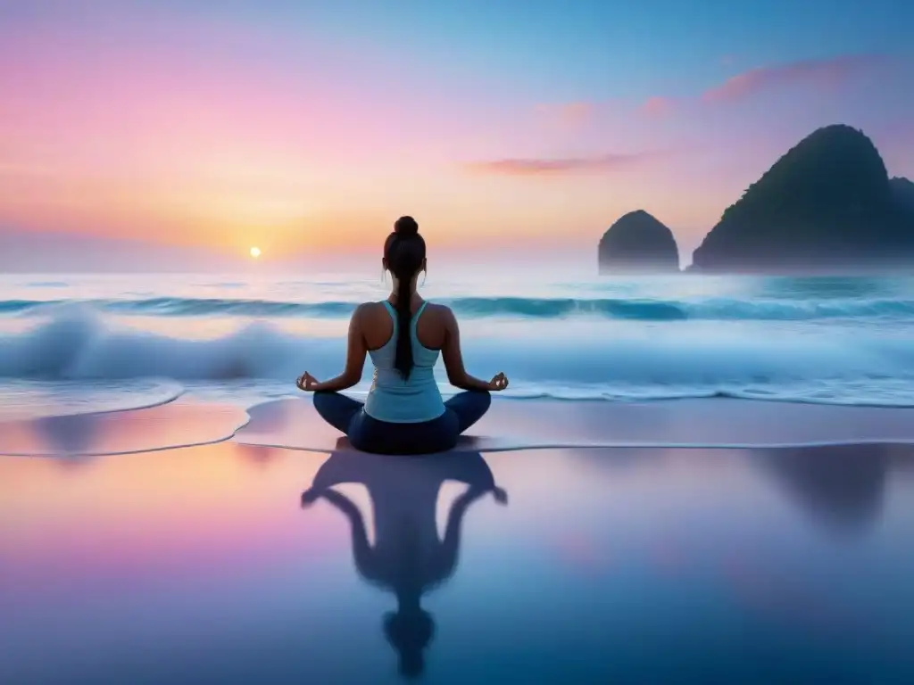 Silueta en yoga al amanecer en Costa Azul Silueta en pose de yoga al amanecer en Costa Azul, reflejando serenidad