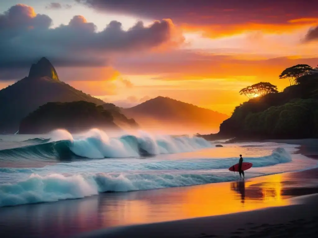 Puesta de sol en Costa Rica: Surfistas en el paraíso Silueta de surfistas atrapando olas al atardecer sobre el océano Pacífico en Costa Rica