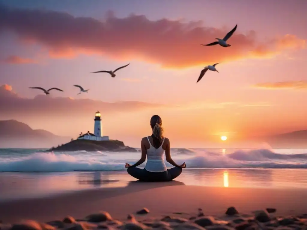 Yoga al amanecer: paisaje costero sereno con colores vibrantes Silueta practicando yoga en la costa al amanecer, rodeada de gaviotas y un faro distante