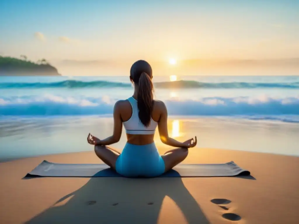 Yoga al amanecer en playa serena: paz y revitalización Silueta practicando yoga al amanecer en una playa serena, rodeada de naturaleza, transmitiendo los beneficios del aire puro de la costa