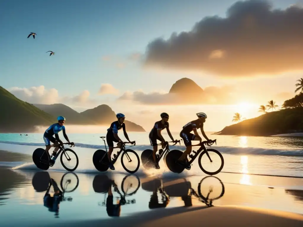 Triatletas al amanecer: transición en paraíso costero Siluetas de triatletas emergen del agua en paraíso costero al amanecer