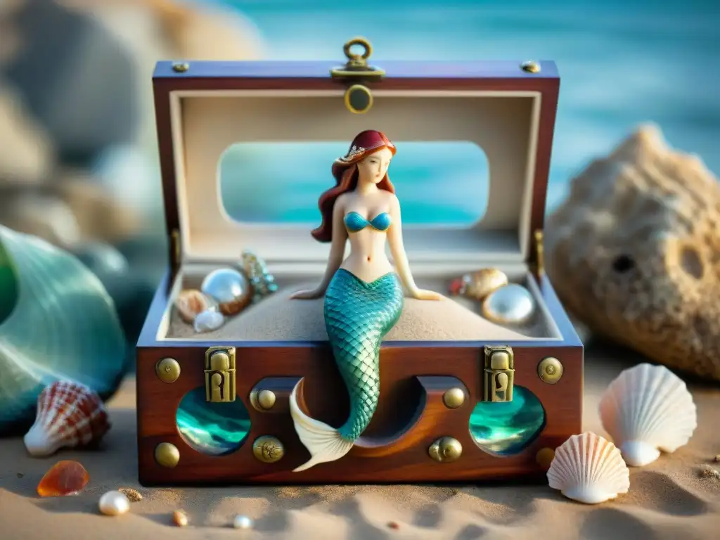 Figura de sirena tallada en madera, joyas marinas en cofre de marinero Una sirena de madera tallada con conchas y perlas en cofre marinero