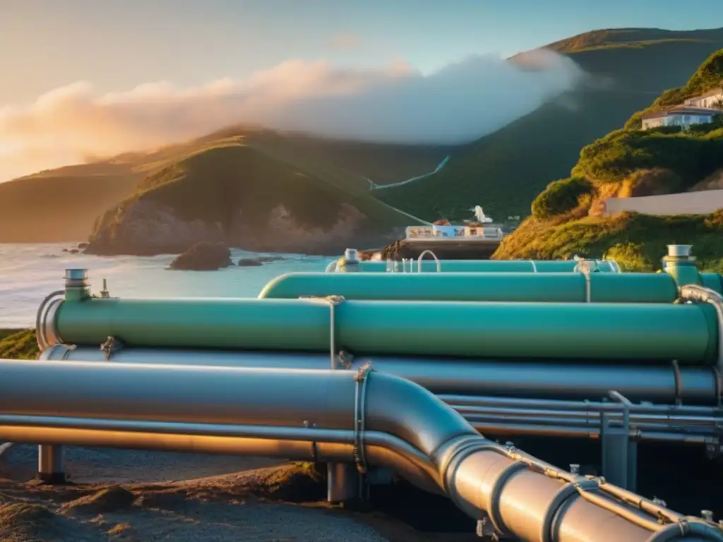 Filtración de agua sostenible en propiedad costera: detallado y armonioso Un sistema de agua sostenible costero iluminado por el sol en una propiedad junto al mar