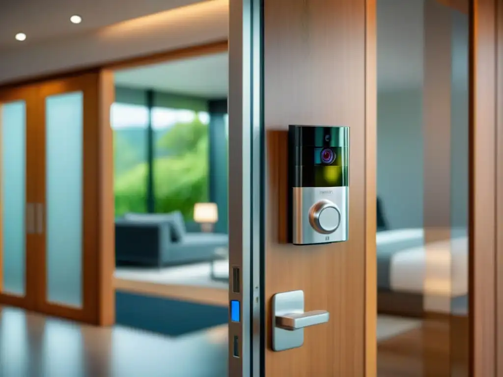Vacaciona seguro: sistema de seguridad ultramoderno en alquiler vacacional Un sistema de seguridad moderno en un alquiler vacacional, con cerradura inteligente, cámara de vigilancia y panel de control digital