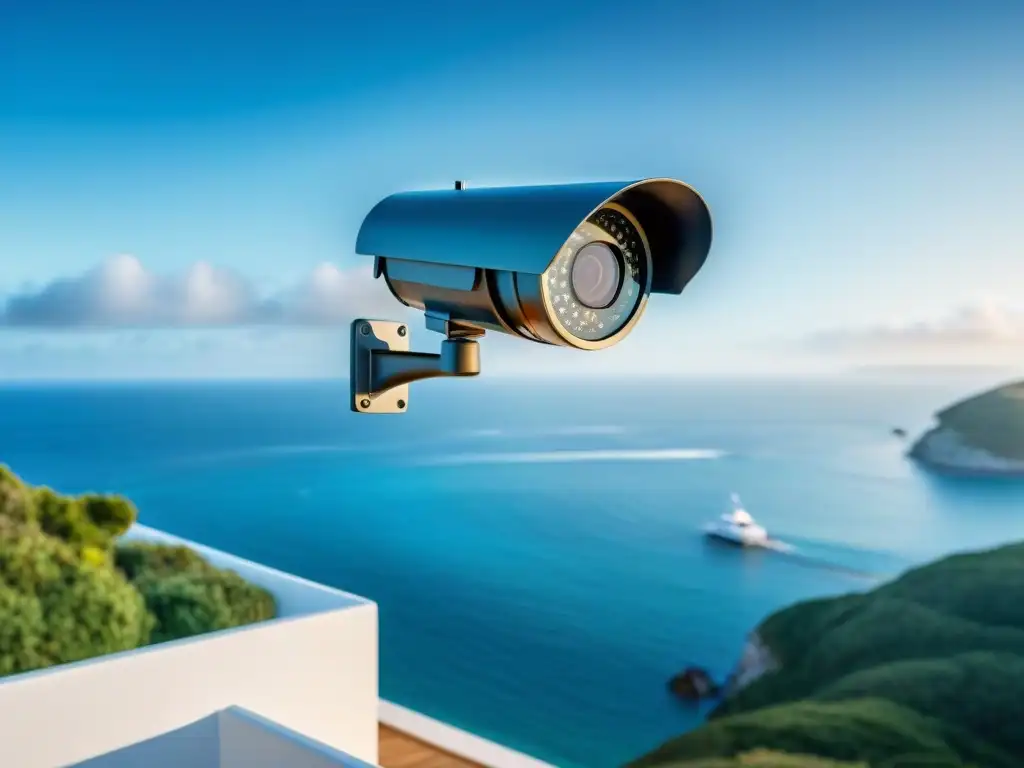 Moderna cámara de seguridad en propiedad costera de lujo Sistema de seguridad para propiedades costeras: cámara moderna vigilando una lujosa casa junto al mar