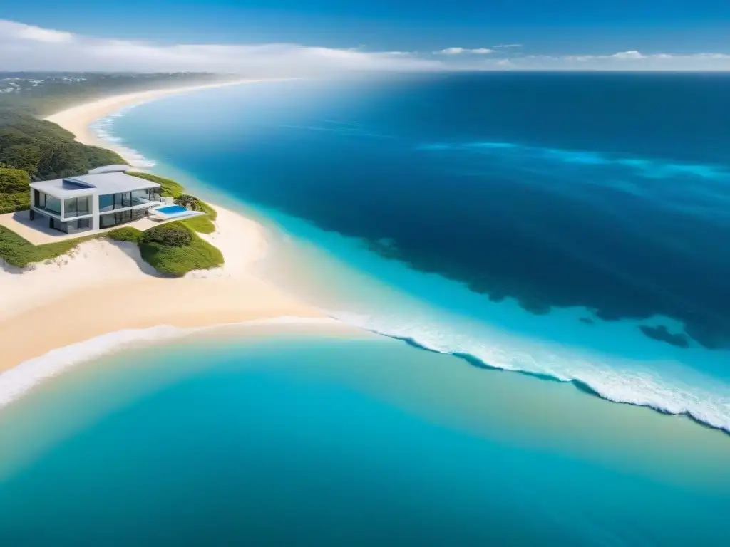 Propiedad de playa moderna con sistema climático integrado Sistemas de climatización para propiedades costeras: Vista aérea de moderna casa de playa con tecnología integrada y vista al mar
