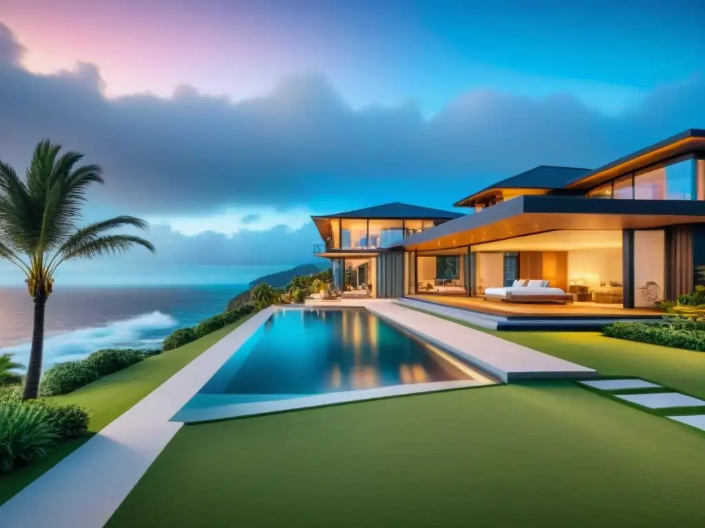 Residencia costera moderna con seguridad inteligente en atardecer Sistemas de seguridad para propiedades costeras: Moderna casa junto al mar con tecnología avanzada y cálida luz del atardecer