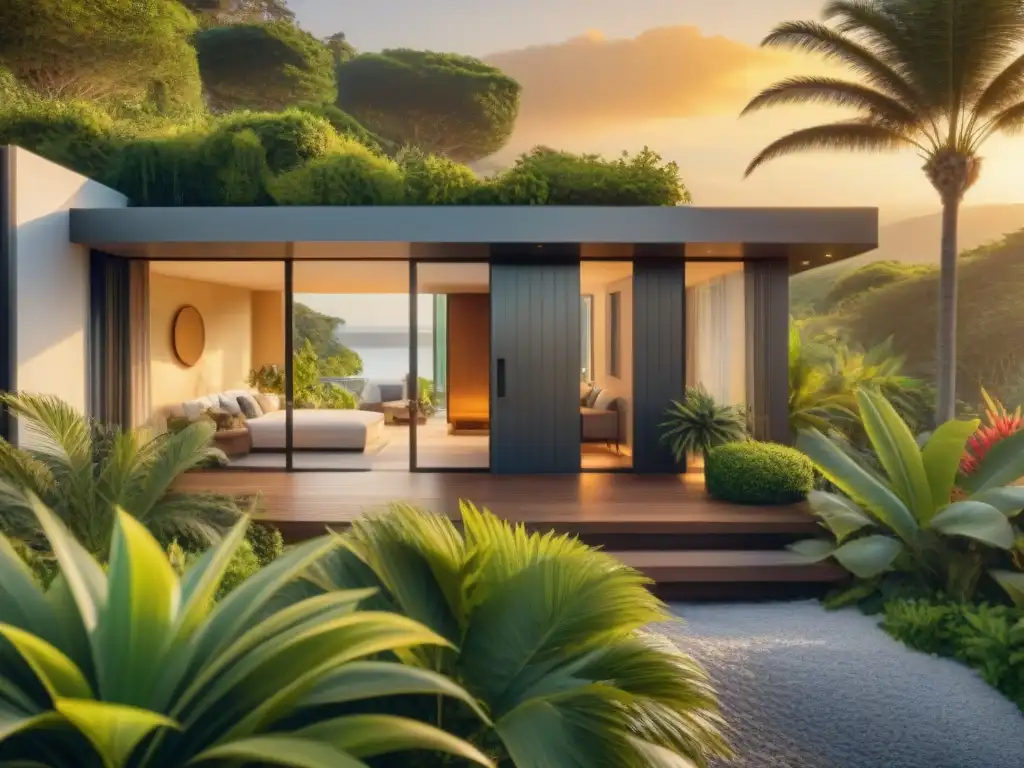 Armonía de seguridad y naturaleza en propiedad costera al atardecer Sistemas de seguridad para propiedades costeras: Integración perfecta de tecnología y naturaleza al atardecer