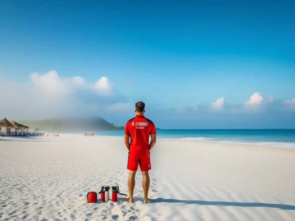 Vigilante de playa en acción: mirada atenta con binoculares Un socorrista vigilante en una playa de arena blanca, con binoculares, olas suaves y cielo azul