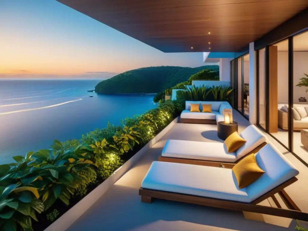 Terraza de lujo con vista al mar: diseño sofisticado y elegante Un sofisticado diseño de interiores de lujo en terraza con vista al mar y exuberante vegetación al atardecer
