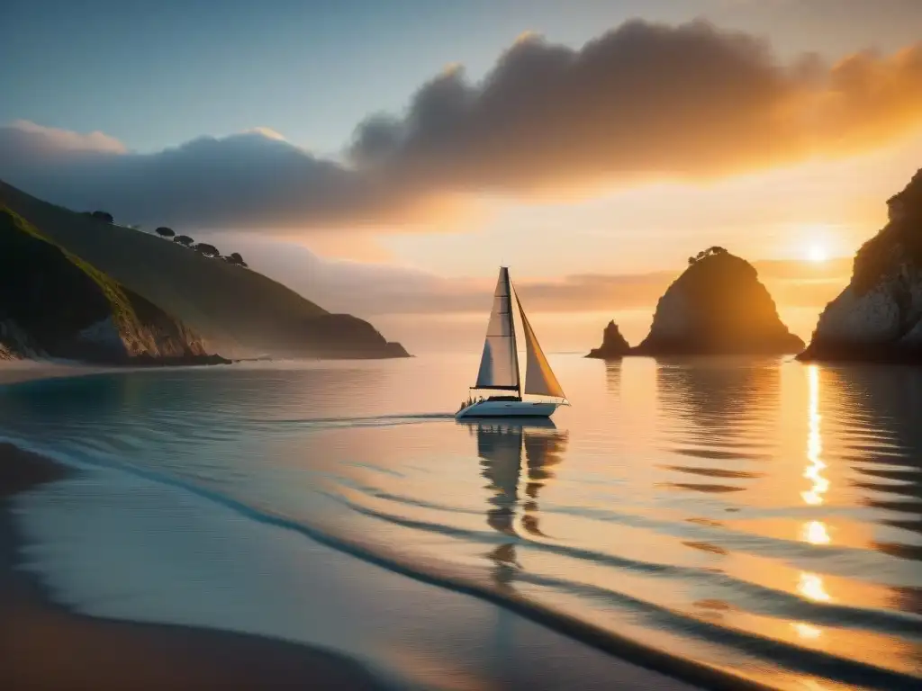 Anochecer dorado en la costa: serenidad y belleza El sol se pone en un paisaje costero sereno, realzando la belleza litoral con un brillo dorado y un velero solitario en el horizonte