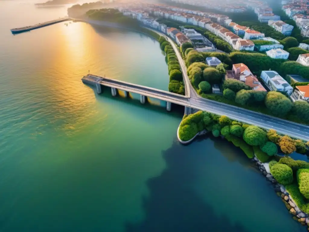 Armonía entre ciudad costera y protección contra inundaciones Soluciones innovadoras para la subida del mar: construcciones modernas y naturaleza en armonía al atardecer