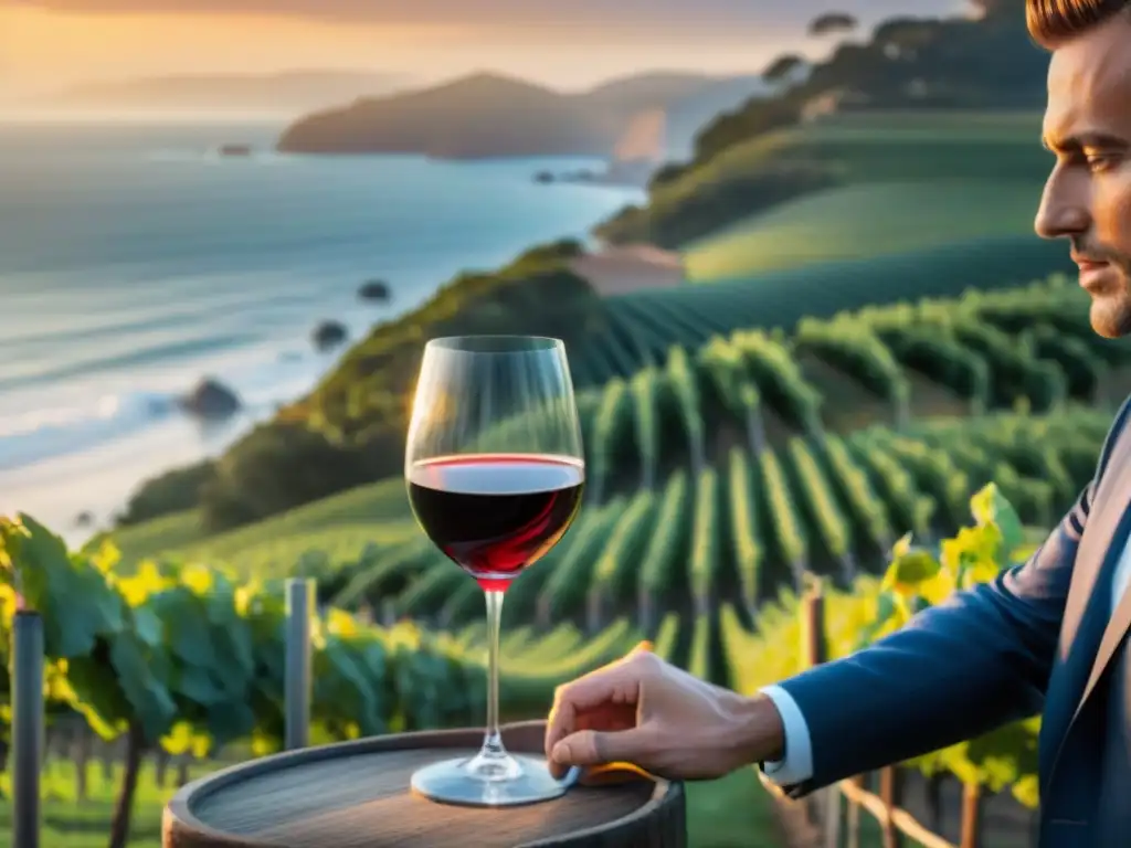 Experto sommelier vierte vino tinto frente a atardecer en viñedo costero Un sommelier vierte vino tinto en copa frente a una puesta de sol en viñedo costero