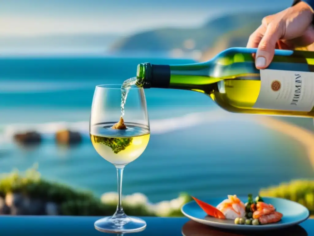 Experto sommelier sirviendo vino blanco junto al mar Un sommelier vierte con precisión vino blanco en una copa, junto a un mercado de mariscos en la costa