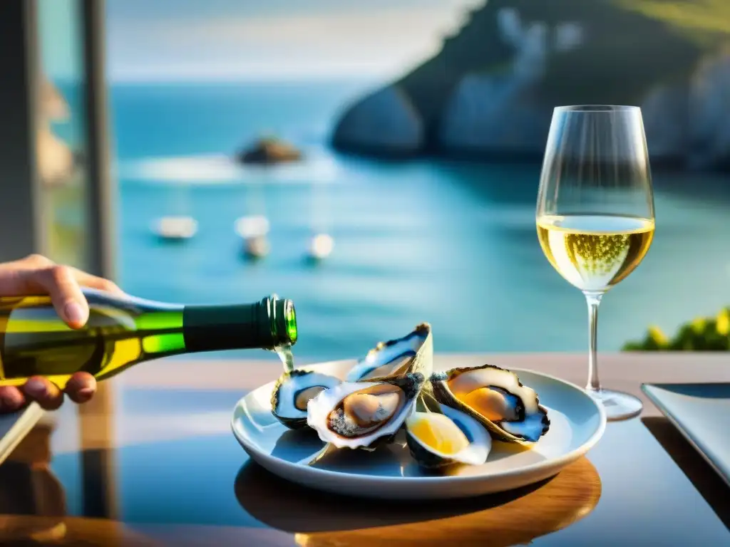 Sommelier sirviendo vino blanco en copa junto a ostras frescas en restaurante costero Un sommelier sirviendo vino blanco en copa, junto a ostras frescas, en un elegante restaurante con vista a la costa