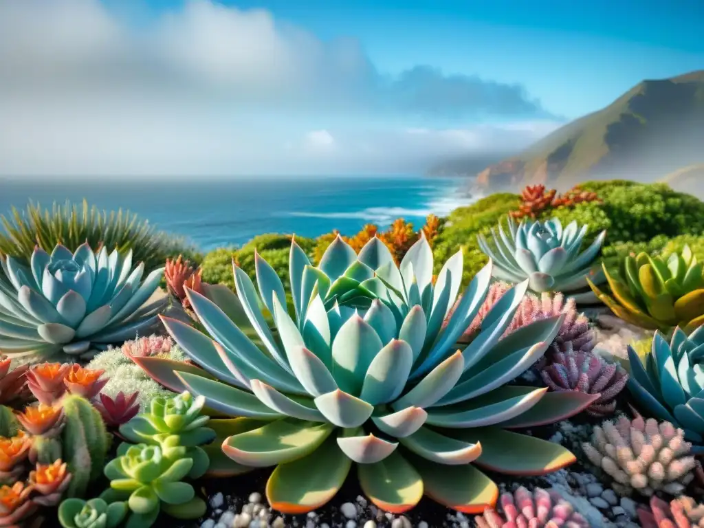 Jardín costero: belleza y resiliencia de plantas salinas Sorprendente paisaje costero con plantas resistentes floreciendo en la brisa salada