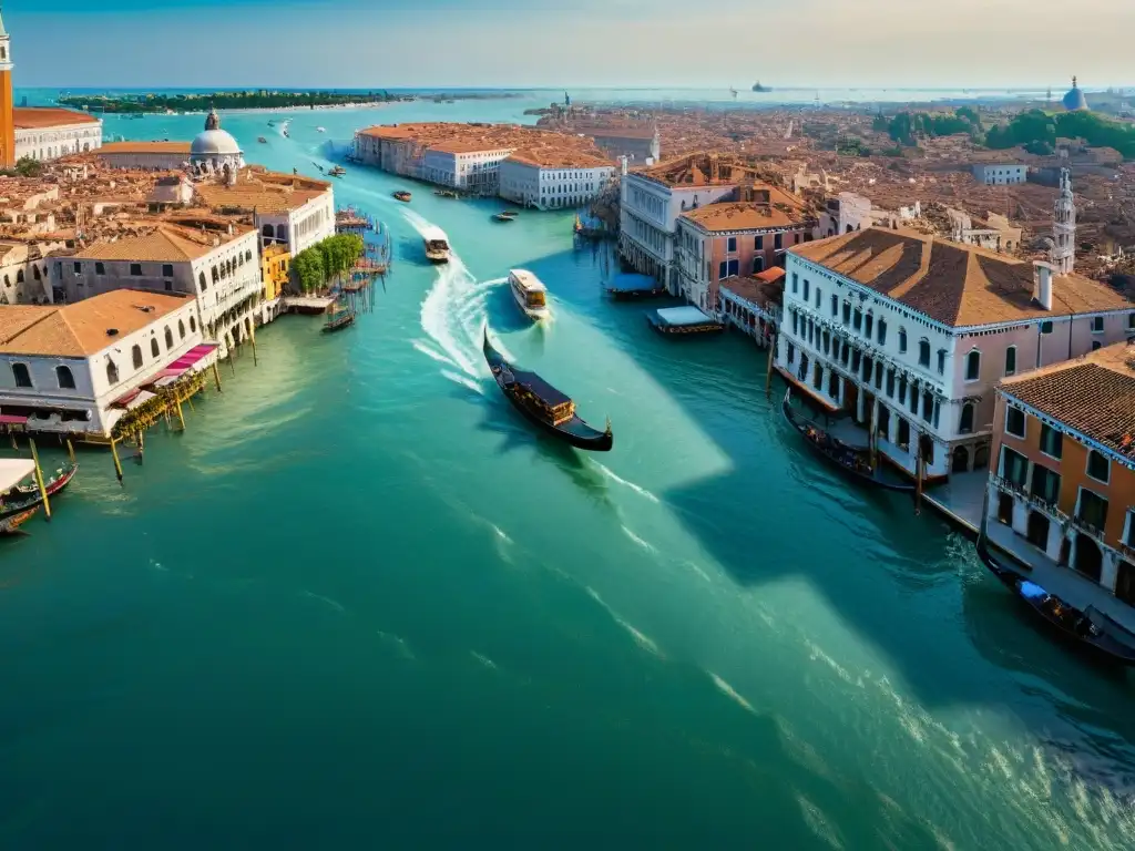 Venecia: Góndolas y encanto histórico en Italia La sostenibilidad en Venecia turismo costero: los icónicos canales, góndolas y turistas en una mañana soleada