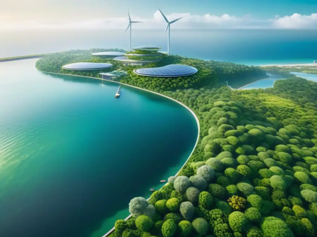 Metrópolis costera sostenible del futuro en armonía con la naturaleza Sostenibilidad en proyectos costeros innovadores: una ciudad futurista se fusiona con la naturaleza, mostrando infraestructuras sostenibles