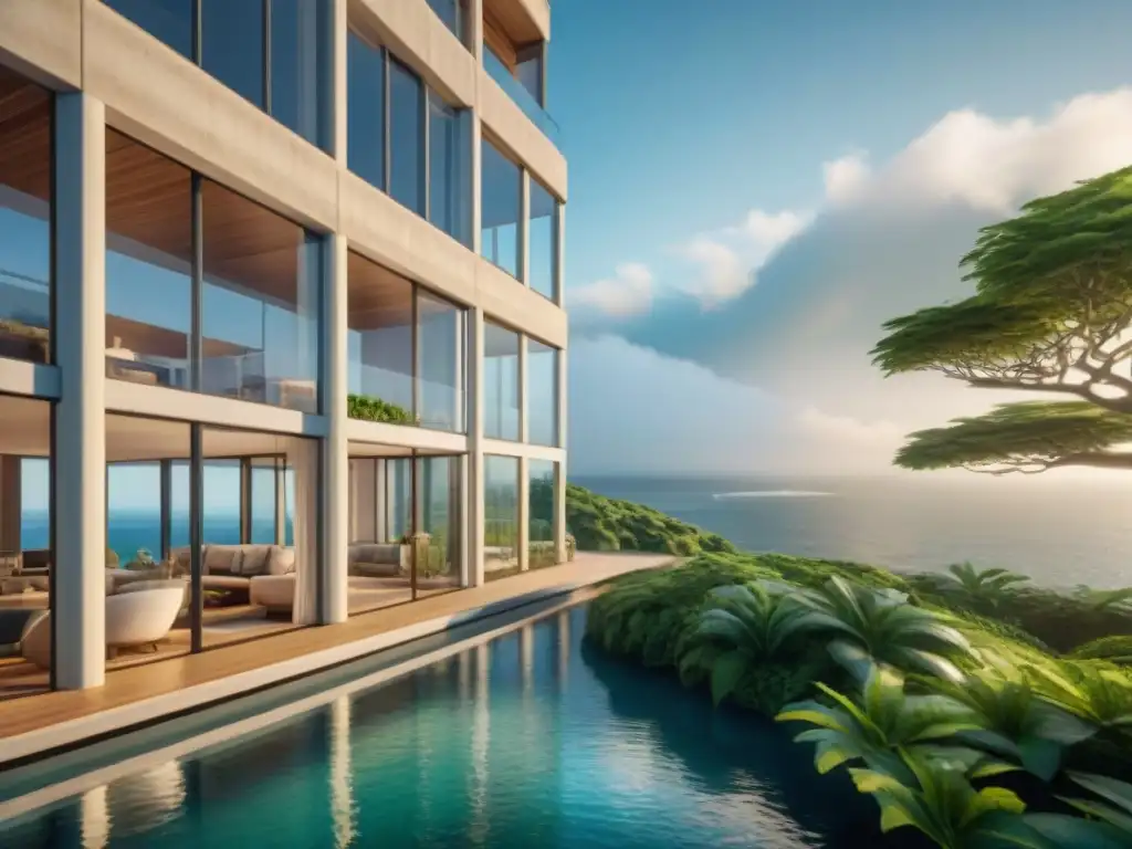 Arquitectura ecofriendly: diseño ventilado y luminoso junto al mar Diseño sostenible costa iluminación natural: Edificio ecológico con ventilación y vegetación, iluminado por luz solar junto al mar