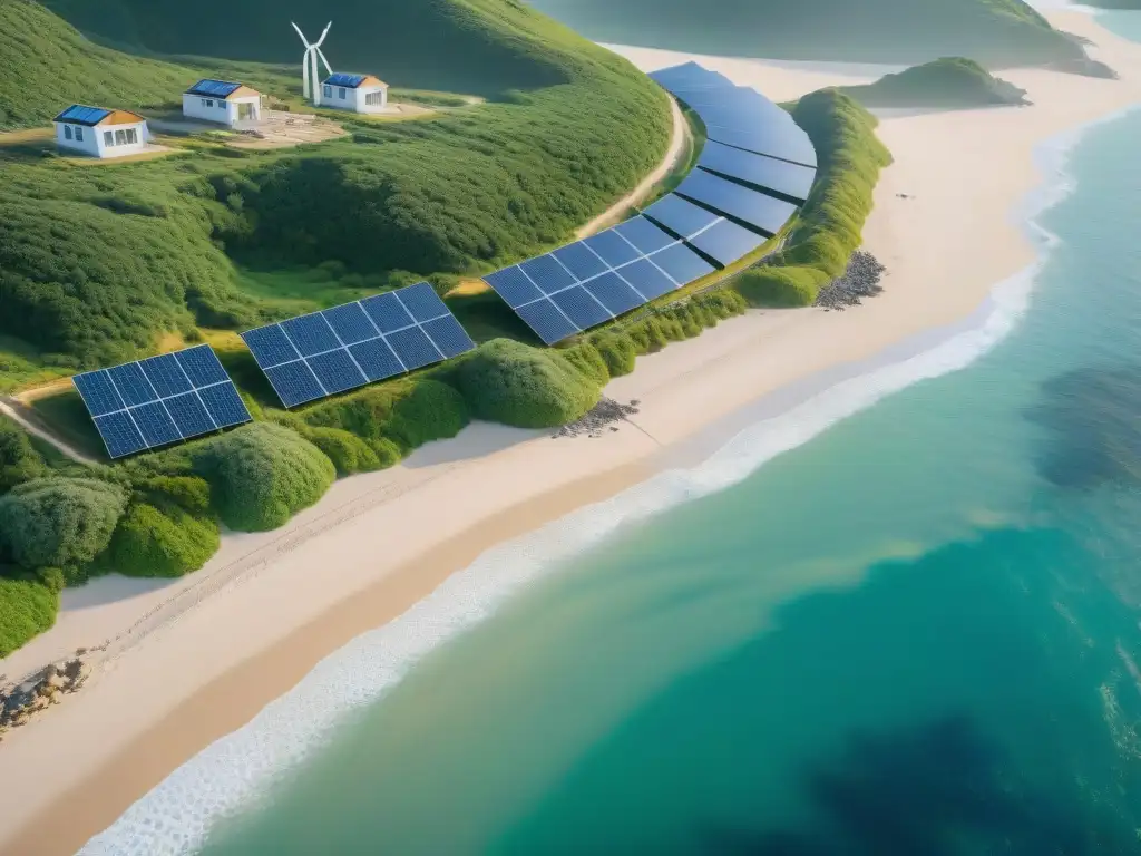 Desarrollo sostenible en la costa: armonía verde y eco Inversión sostenible en propiedades costeras: Desarrollo ecoamigable en una costa, con paneles solares y turbinas eólicas