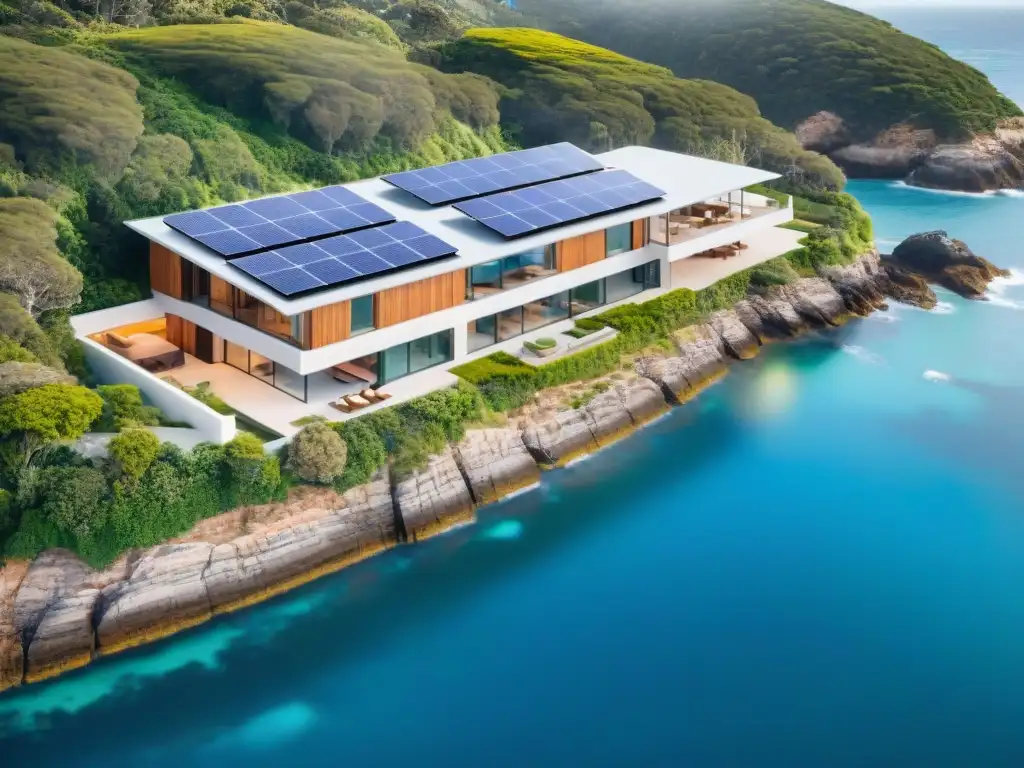 Eco casa costera: armonía sostenible con la naturaleza Construcción sostenible en propiedades costeras: Un moderno hogar eco-friendly con paneles solares y jardines verdes junto al mar