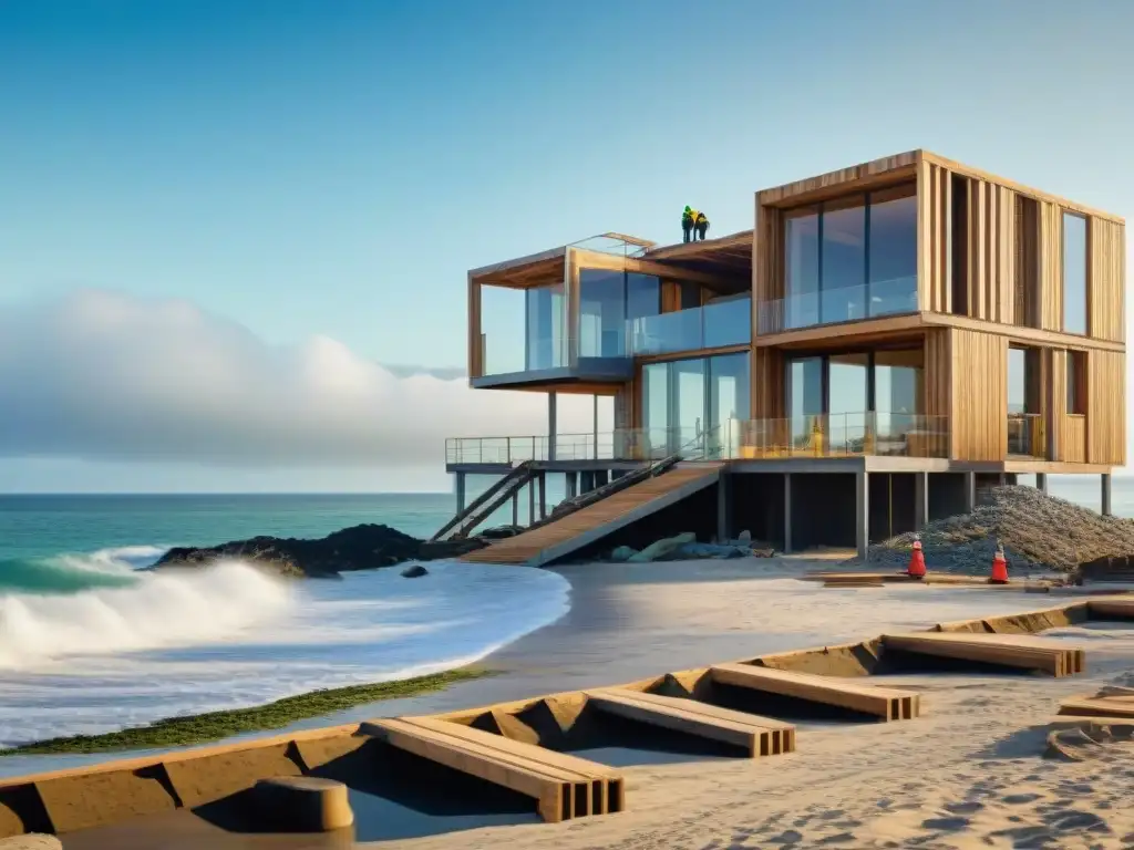 Construcción costera ecoamigable con materiales reciclados Construcción sostenible en propiedades costeras: obreros arman estructuras ecoamigables con materiales reciclados frente al mar