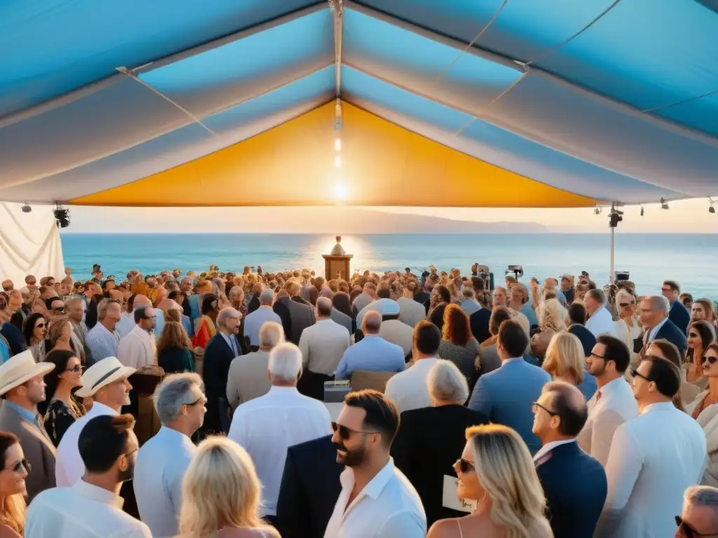 Subasta de arte costero al atardecer: emoción y belleza Subasta de arte costero: ambiente vibrante con entusiastas y postores bajo carpa blanca, con vista al mar y cálida luz dorada al atardecer