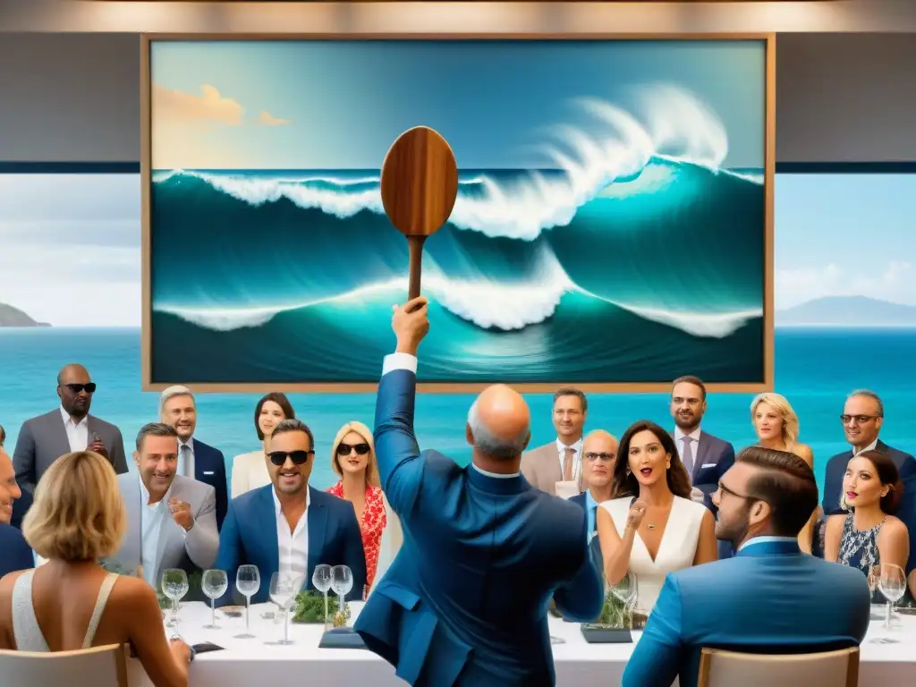 Pujas emocionantes en subasta de arte costero Subasta de arte costero: Bidders elegantes levantan sus paletas en una casa de subastas moderna, con vista al mar