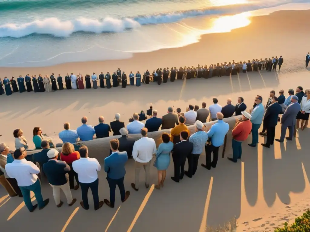 Subasta de arte costero al atardecer: emoción y elegancia Una subasta de arte costero en una playa al atardecer: vibrante escena de inversión y emoción