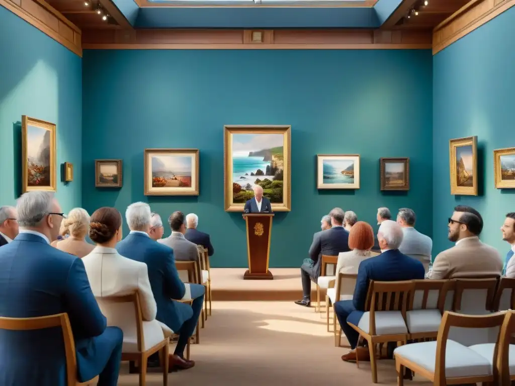 Subasta artística costera: elegancia y emoción junto al mar Una subasta de arte costero vibrante y sofisticada en un día soleado, con entusiastas inversionistas pujando por obras de arte en la costa