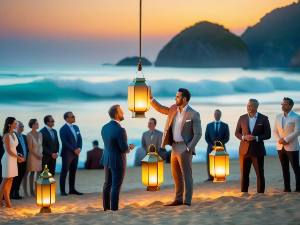 Subasta costera al atardecer: elegancia y emoción en la playa Una subasta costera exclusiva en un atardecer vibrante, con elegantes postores y valiosas antigüedades
