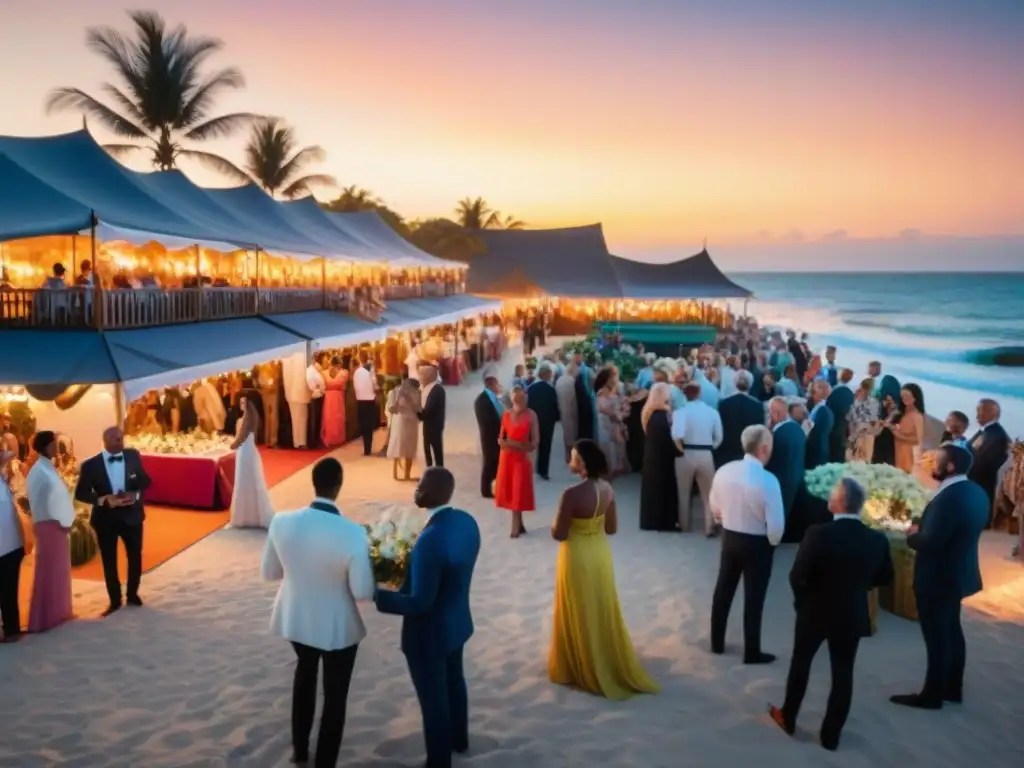 Subasta costera al atardecer: lujo y emoción en la playa Una subasta costera exclusiva en un pintoresco pueblo al atardecer, con elegantes asistentes y vibrantes colores reflejados en el mar